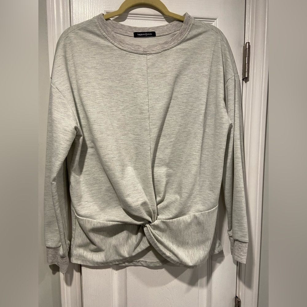 Hippie Chic Size S Gray Long Sleeve Twist Front Crew Neck Pullover Sweatshirt
